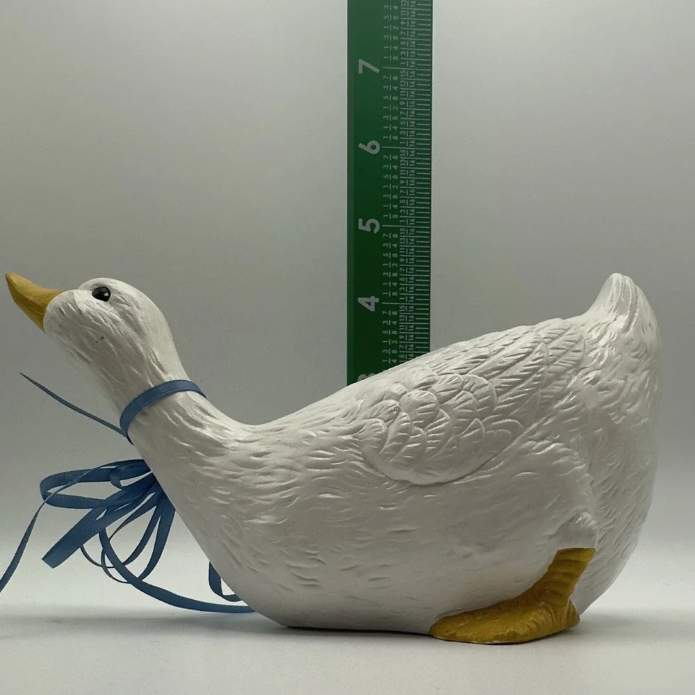 Vintage Ceramic Goose Figurine Blue Ribbon Bow Farmhouse Country Decor 4.5x8